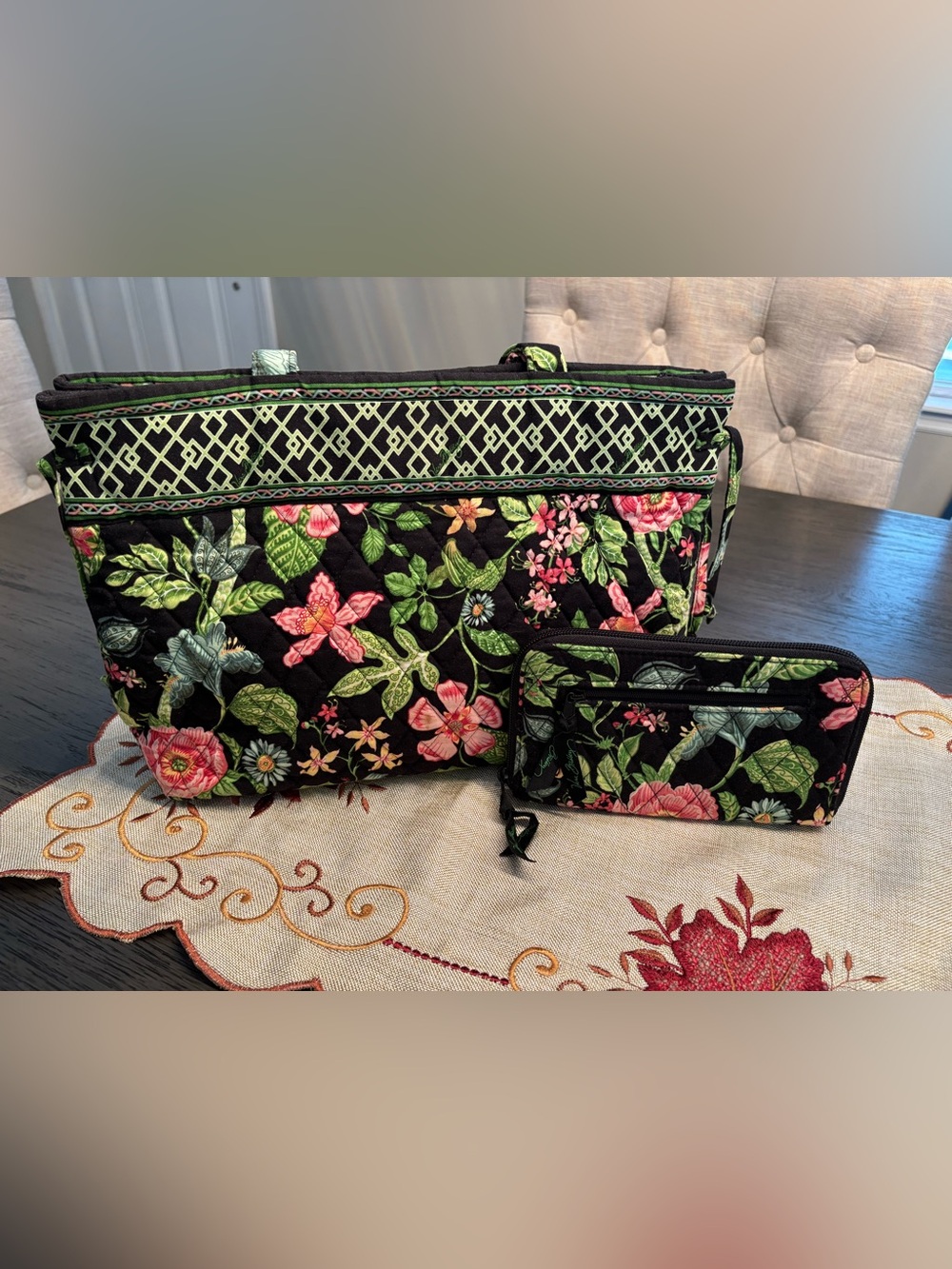 Vera Bradley Black Quilted Floral Tote with Matching Wallet